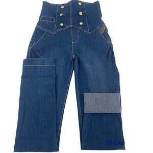 Fabulosity High Waisted Buttons Denim Jeans Women's Size 5 Blue Flip Cuffs Y2K